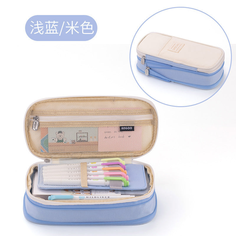 in stock Multi-layer Canvas Retractable Pencil Case Korean Simple High School Student Macaron Color-block Variable Large Capacity Pencil Case