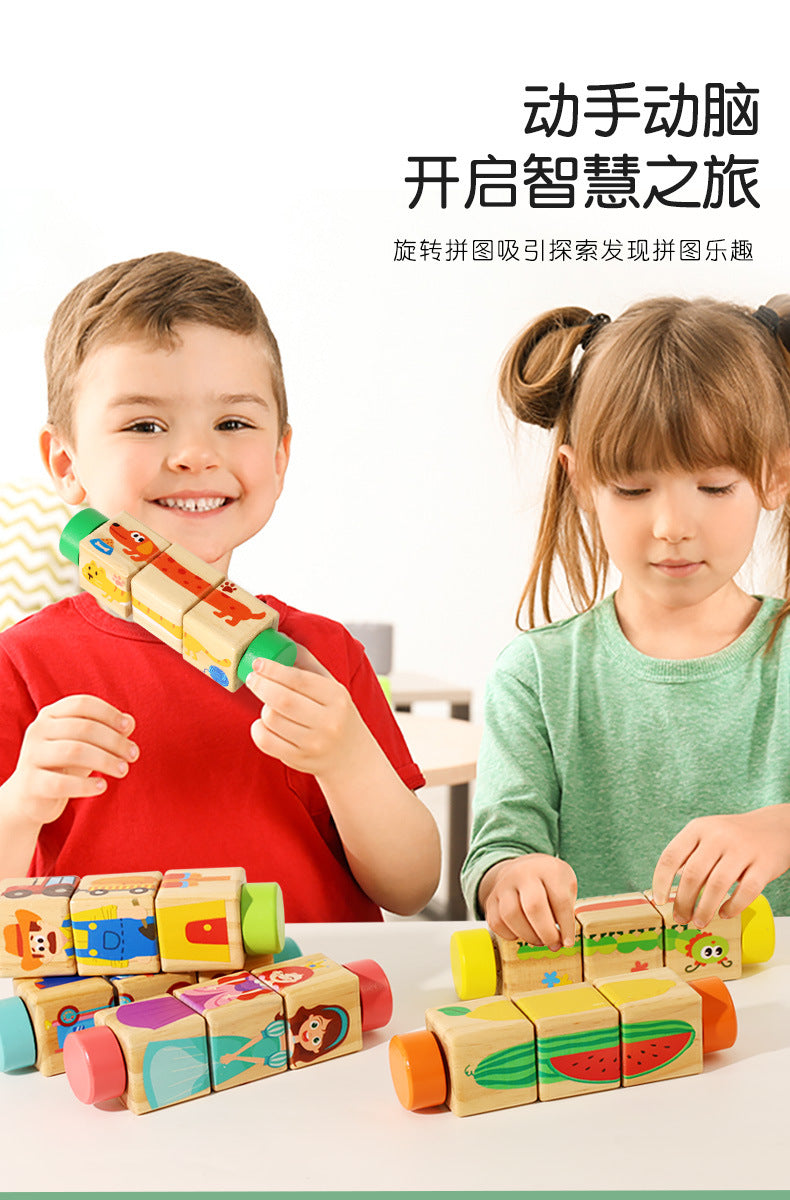 Cecpc Kidsren's Early Education Rotating Building Block Puzzle Baby Animal and Fruit Cognition Wooden Educational Toys for 1-2-3 Years Old