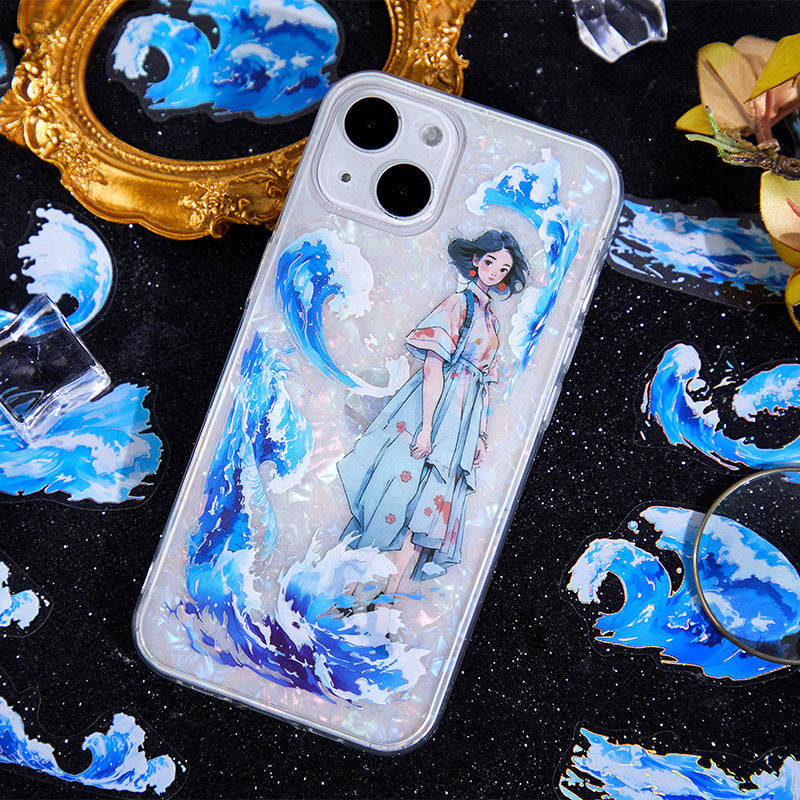Light-Picking Bronzing Wave Handbook Stickers Natural Water Series Pet Material DIY Decorative Collage Stickers Cross-Border