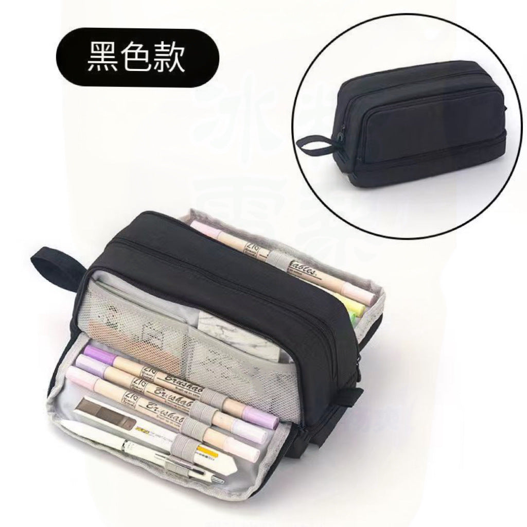 Han Feng Japanese Style New Large Capacity Pencil Case Double Layer Solid Color Multifunctional Pencil Case for Men and Women Middle School Students Pencil Bag