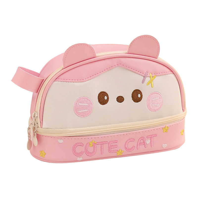 New Large Capacity Blush Panda Pu Pencil Case High-Looking Cute Cartoon Student Neutral Stationery Storage Box Wholesale