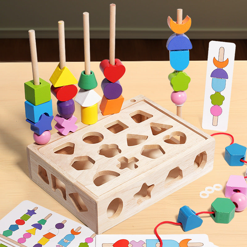 Children's Educational Beaded Five Sets of Column Color Sensory Enlightenment Children's Shape Matching Perception Early Education Wooden Building Blocks Play