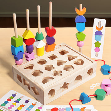 Children's Educational Beaded Five Sets of Column Color Sensory Enlightenment Children's Shape Matching Perception Early Education Wooden Building Blocks Play