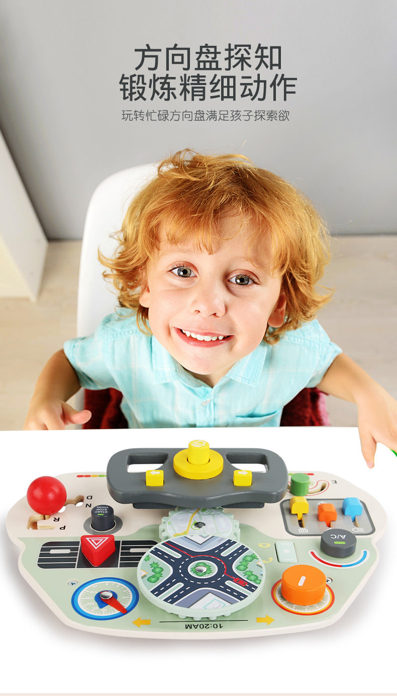 CECPC Montessori Children's Simulated Steering Wheel Busy Board Switch Led Light Busy Board Early Education Educational Wooden Toys