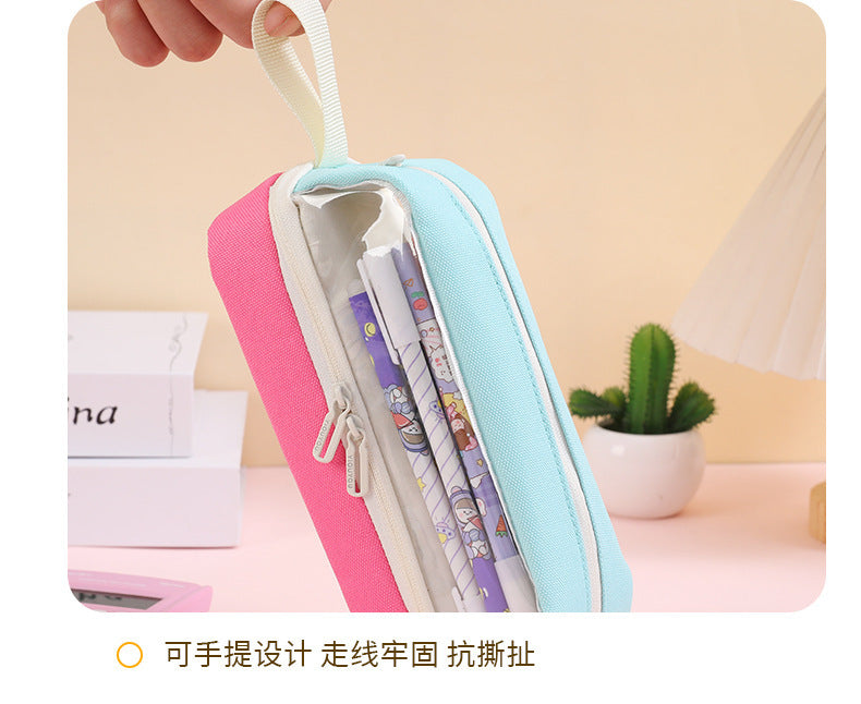 Large-Capacity Durable and Washable Student Stationery Oxford Cloth Storage Bag Transparent Square and Round Pencil Bag Multi-Layer Portable Pencil Bag