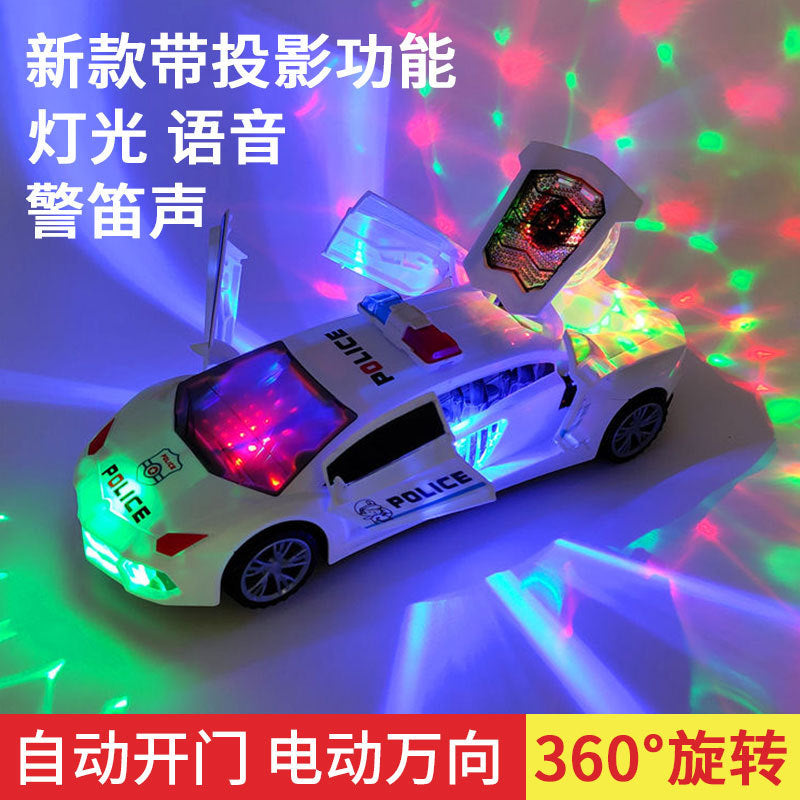 Children's Electric Universal Police Toy Car Model 360-Degree Rotating Light Music Automatic Driving Door Police Car