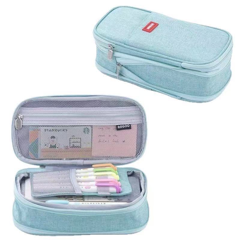 Cross-Border Color-Blocked Retractable Pencil Case, Large-Capacity Stationery Bag, Multifunctional Double-Zipper for Students, Simple and Convertible into Canvas