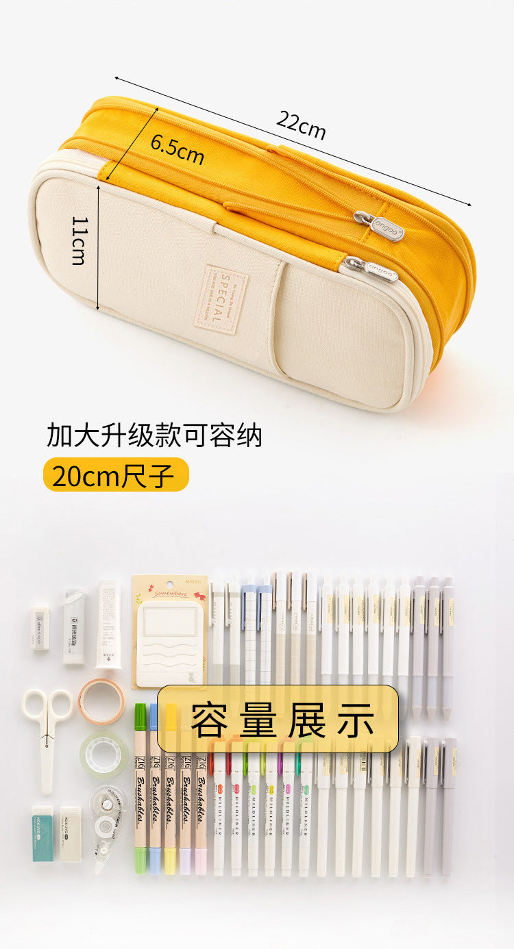 in stock Multi-layer Canvas Retractable Pencil Case Korean Simple High School Student Macaron Color-block Variable Large Capacity Pencil Case