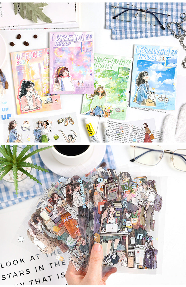 ZABC cross-border die-cut PET sticker book chasing ordinary series 20 characters life hand account collage stickers