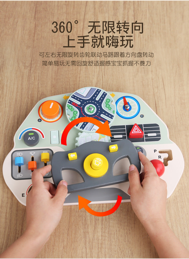 CECPC Montessori Children's Simulated Steering Wheel Busy Board Switch Led Light Busy Board Early Education Educational Wooden Toys
