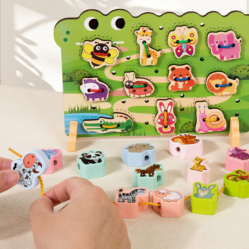 Wooden two-in-one string string beaded puzzle string animal fruit traffic large particle string wooden toy