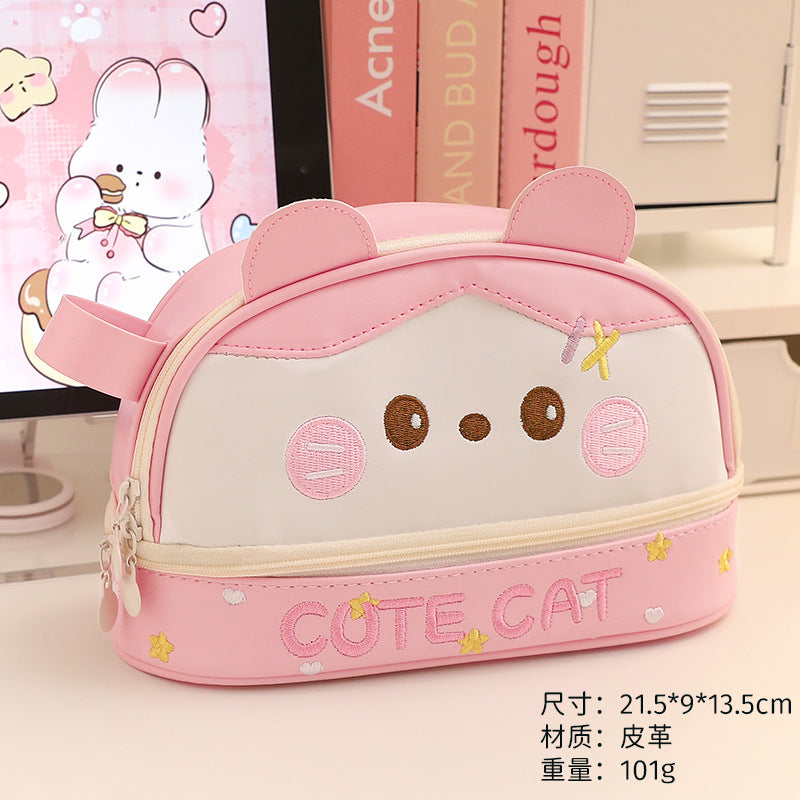 New Large Capacity Blush Panda Pu Pencil Case High-Looking Cute Cartoon Student Neutral Stationery Storage Box Wholesale