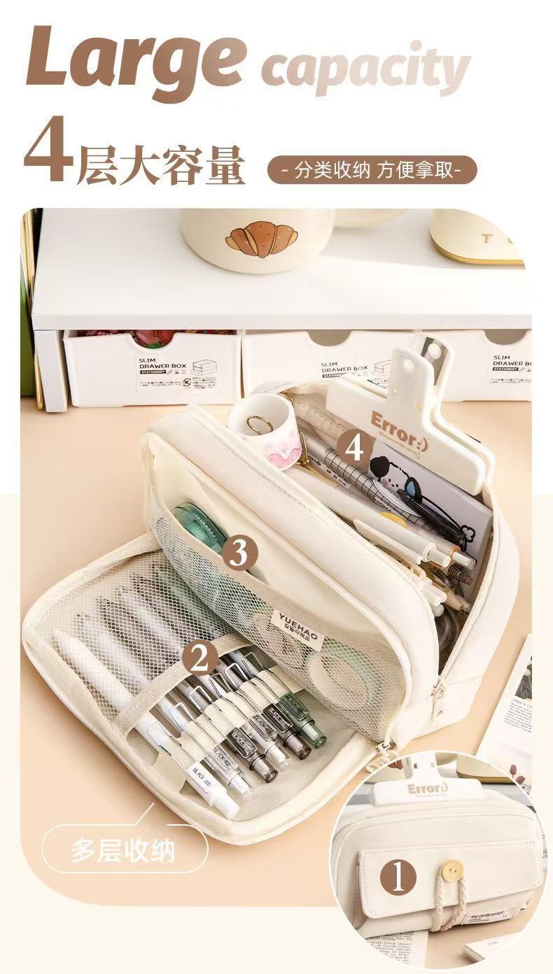 Button Pencil Bag with Good Looks for Girls, Large Capacity, Simple Ins Student Creative Canvas Stationery Bag, Pencil Stationery Box