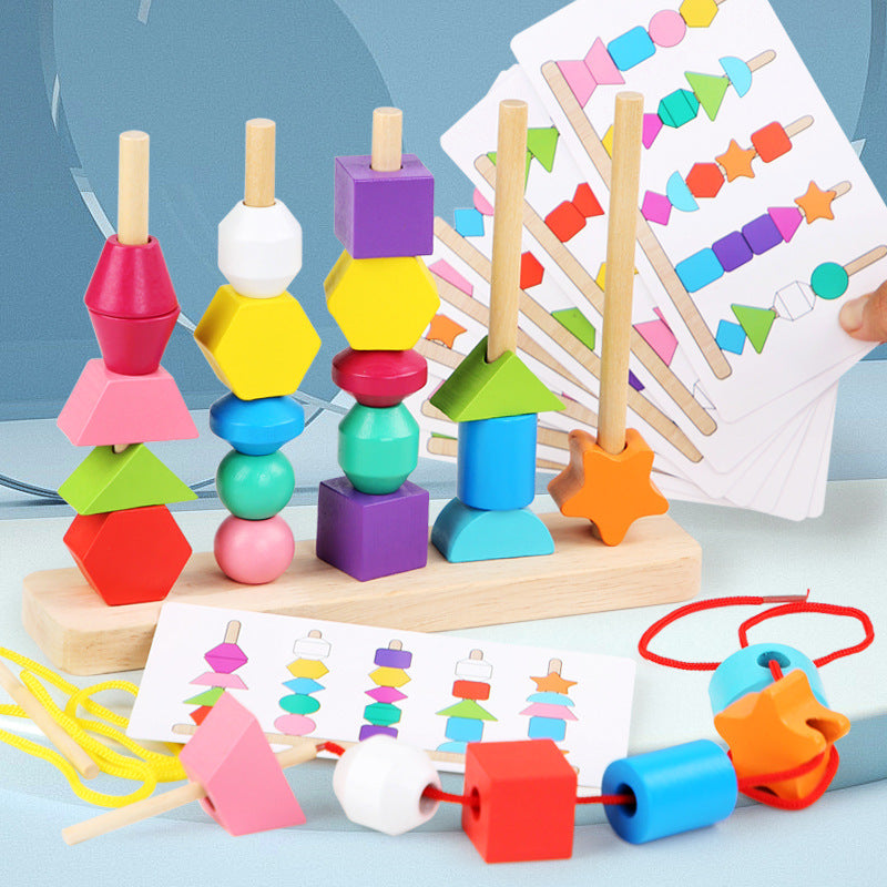 Children's Educational Beaded Five Sets of Column Color Sensory Enlightenment Children's Shape Matching Perception Early Education Wooden Building Blocks Play