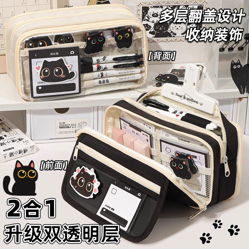 Cat Pencil Bag Large Capacity Transparent Storage Bag for Girls 2025 New Super Popular Stationery Box Student High-Looking Pencil Bag