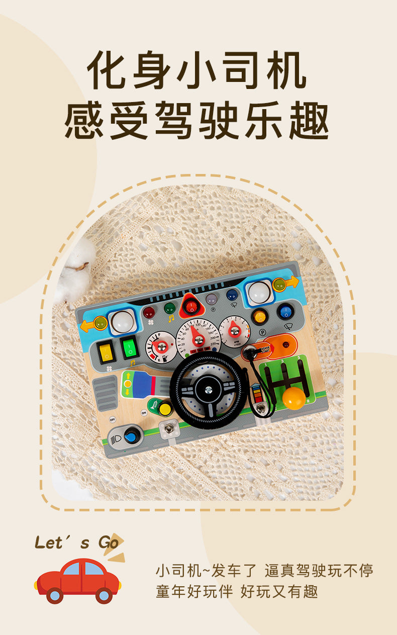 CECPC Montessori Children's Simulated Steering Wheel Busy Board Switch Led Light Busy Board Early Education Educational Wooden Toys