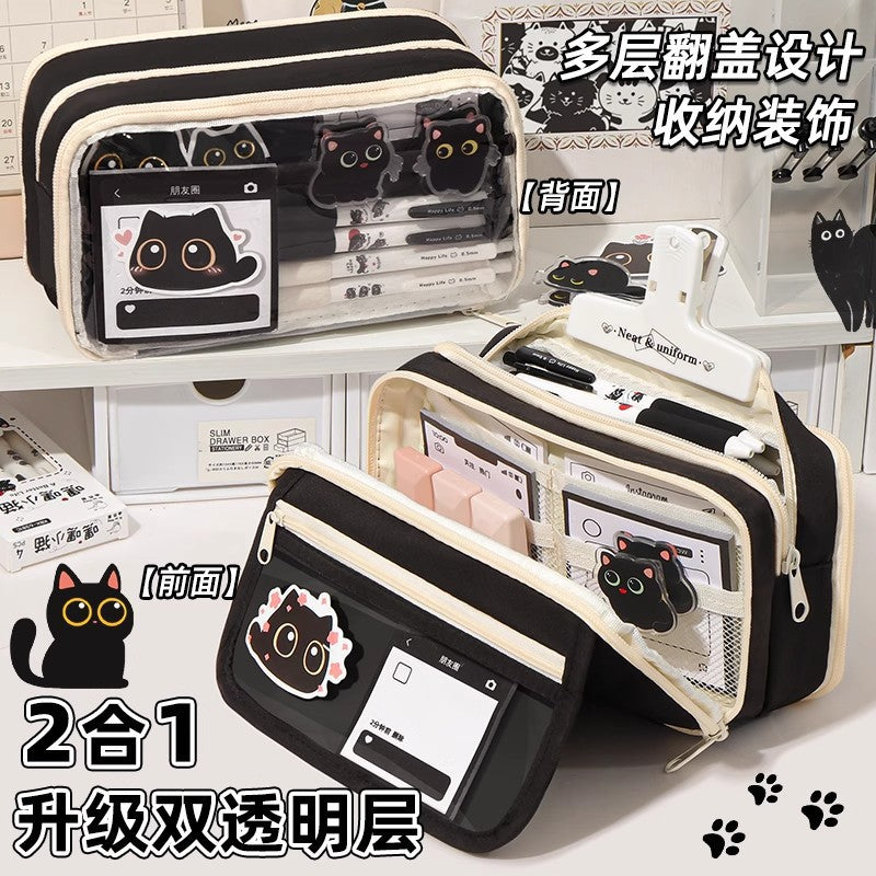 Cat Pencil Bag Large Capacity Transparent Storage Bag for Girls 2025 New Super Popular Stationery Box Student High-Looking Pencil Bag