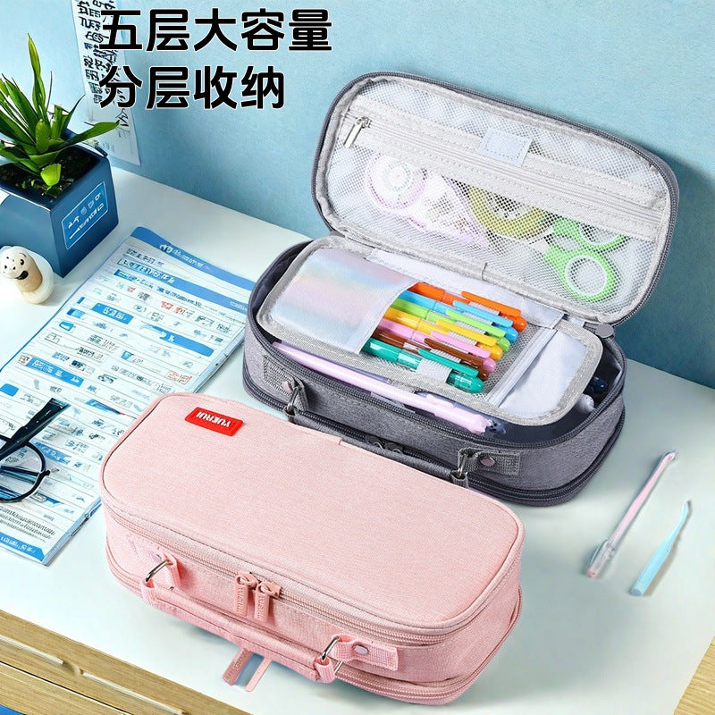 Yuerui Large-Capacity Canvas Multi-Layer Pencil Bag Portable Simple Student Multi-Functional Pencil Bag Satchel Stationery Box