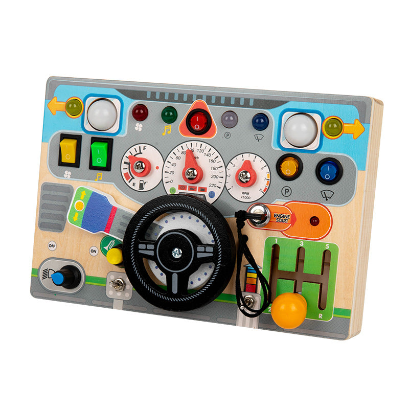 CECPC Montessori Children's Simulated Steering Wheel Busy Board Switch Led Light Busy Board Early Education Educational Wooden Toys