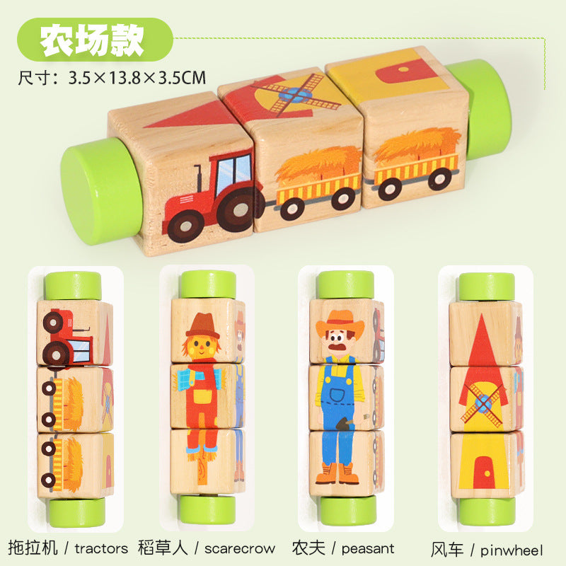 Cecpc Kidsren's Early Education Rotating Building Block Puzzle Baby Animal and Fruit Cognition Wooden Educational Toys for 1-2-3 Years Old