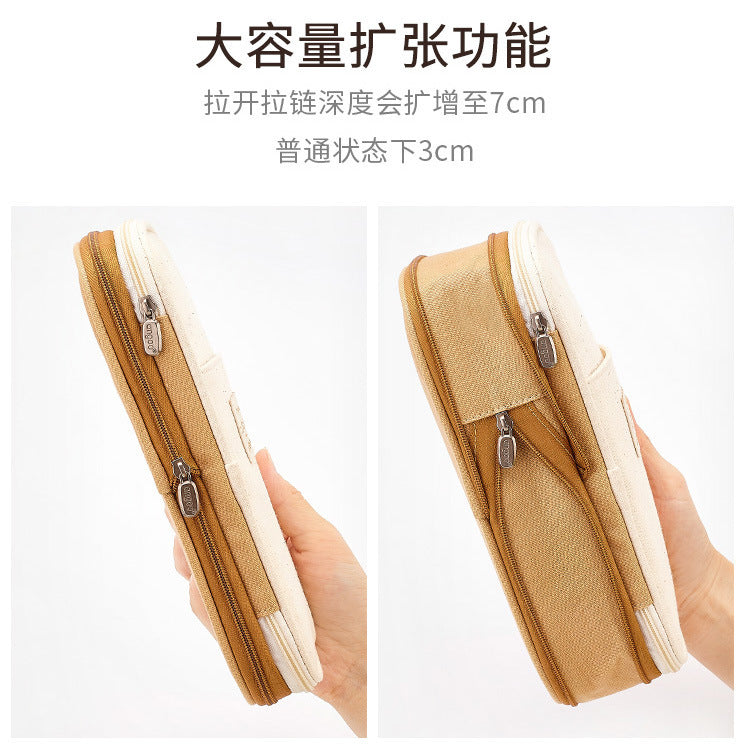 in stock Multi-layer Canvas Retractable Pencil Case Korean Simple High School Student Macaron Color-block Variable Large Capacity Pencil Case