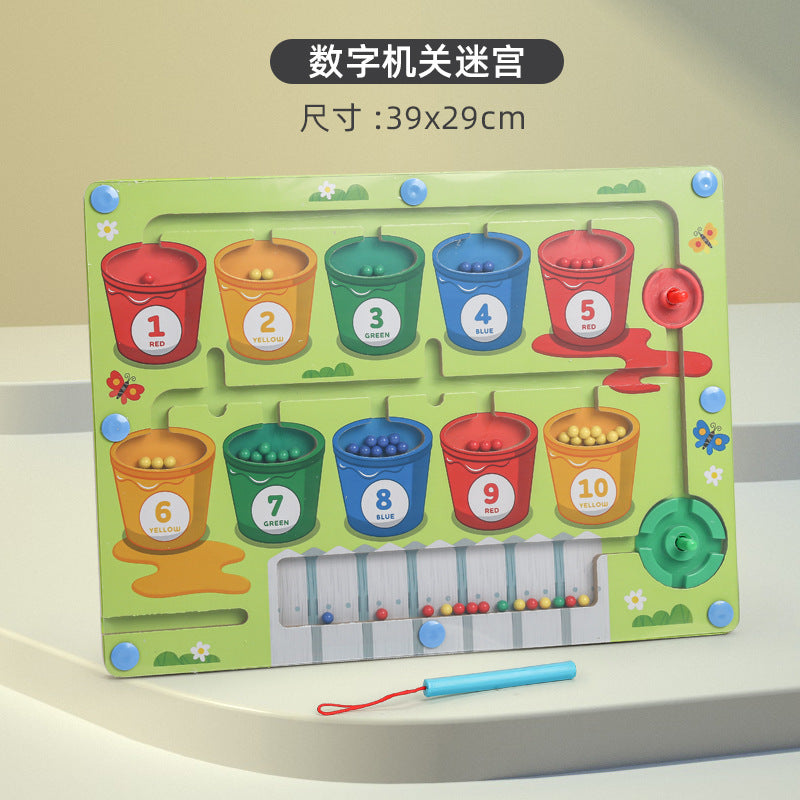 Wooden Children's Magnetic Counting Operation Color Classification Magnetic Pen Bead Shift Game Educational Early Education Maze Toy