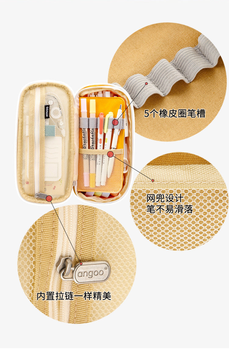 in stock Multi-layer Canvas Retractable Pencil Case Korean Simple High School Student Macaron Color-block Variable Large Capacity Pencil Case