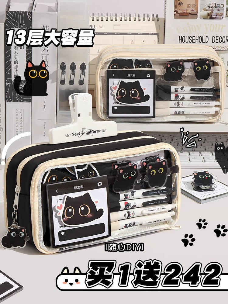 Cat Pencil Bag Large Capacity Transparent Storage Bag Girls 2025 New Super Popular Stationery Box Student High-End Pencil Bag