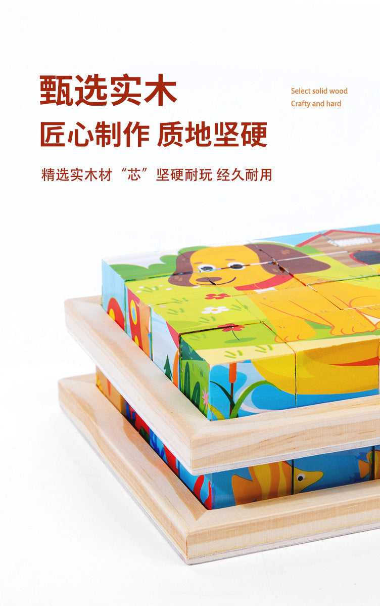 New 3D Stereo Six-Sided Painting 12-Piece Wooden Puzzle Building Blocks 3-6-7-Year-Old Kidsren's Kindergarten Educational Toys