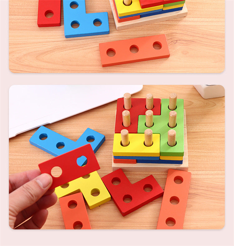 Cross-Border Popular Children's Early Education Educational Geometric Set Column Shape Matching Toys Tetris Enlightenment Wooden Building Blocks