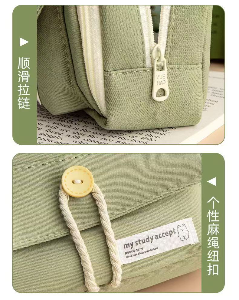 Button Pencil Bag with Good Looks for Girls, Large Capacity, Simple Ins Student Creative Canvas Stationery Bag, Pencil Stationery Box