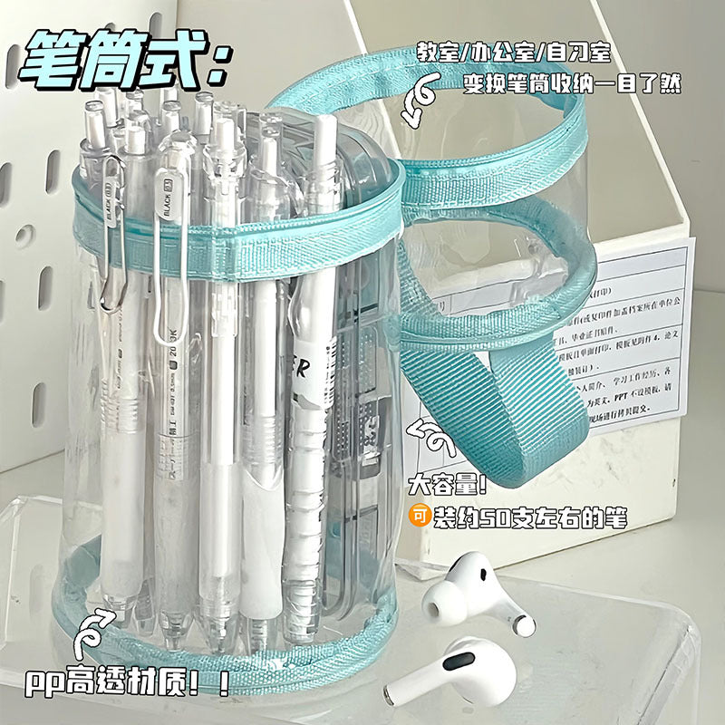Ins Pen Holder Type Pencil Bag Large Capacity Storage Cylindrical Pen Holder Student High-Looking Transparent Waterproof Thickeneded Stationery Bag