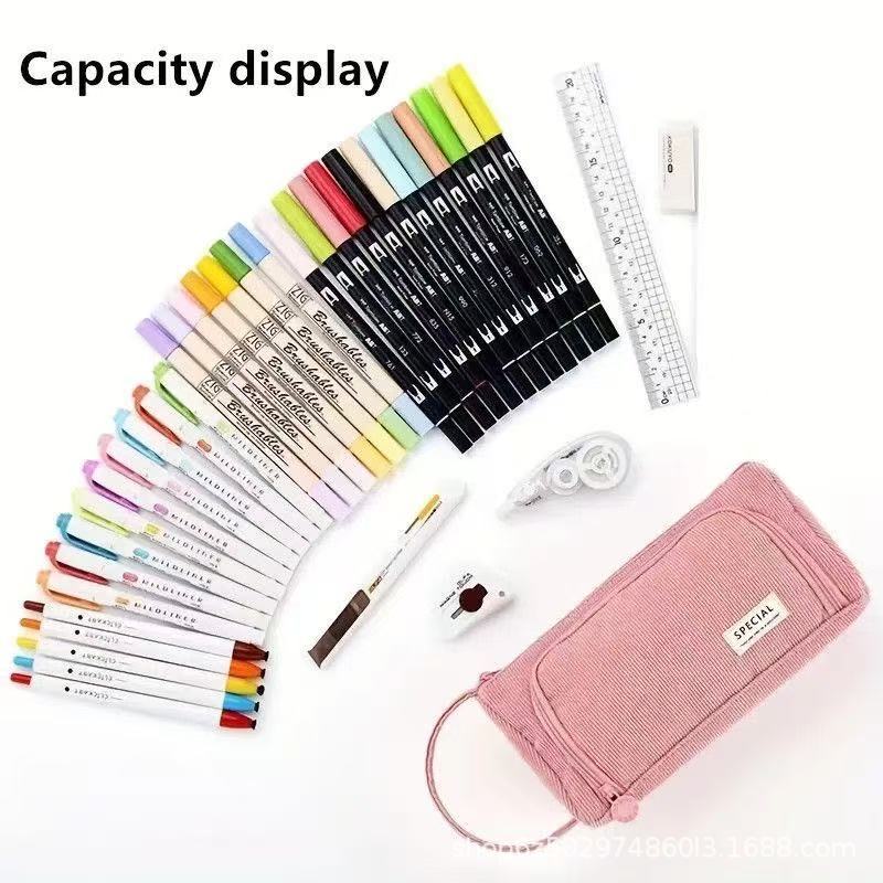 Corduroy Simple Large-Capacity Pencil Bag for Junior High School Students Small Fresh Canvas Pencil Bag Multi-Functional Storage Stationery Bag