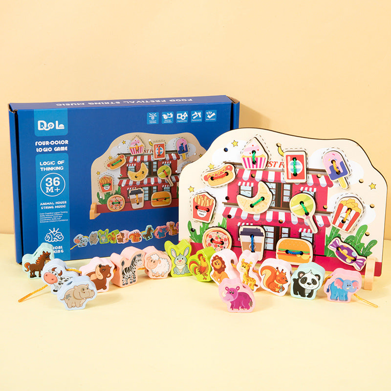 Wooden two-in-one string string beaded puzzle string animal fruit traffic large particle string wooden toy