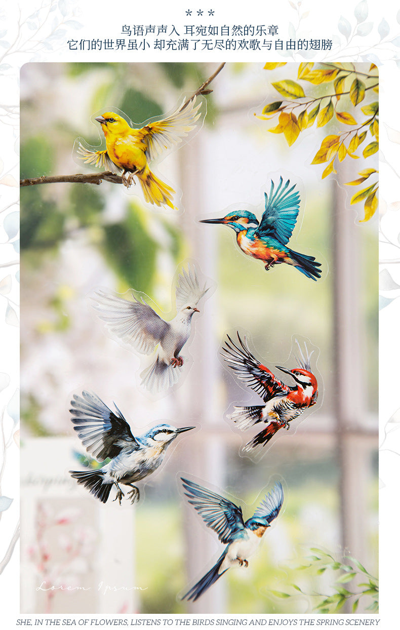 Flowers, Birds, Chirping Leaves, Pet Special-Shaped Sticker Pack, Landscaping Ins Style Bird Handbook Material, Mobile Phone Case Sticker