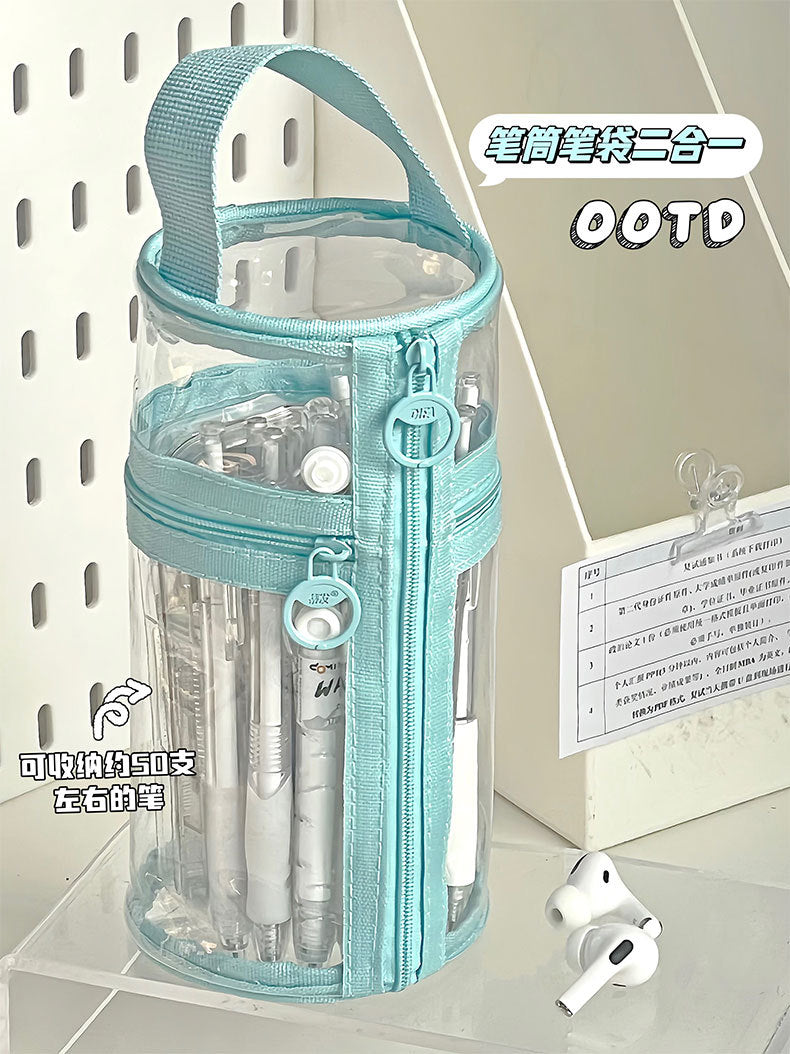 Ins Pen Holder Type Pencil Bag Large Capacity Storage Cylindrical Pen Holder Student High-Looking Transparent Waterproof Thickeneded Stationery Bag