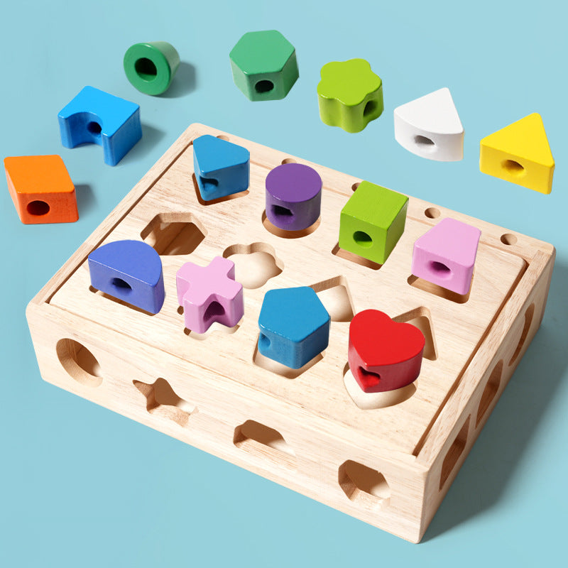 Children's Educational Beaded Five Sets of Column Color Sensory Enlightenment Children's Shape Matching Perception Early Education Wooden Building Blocks Play