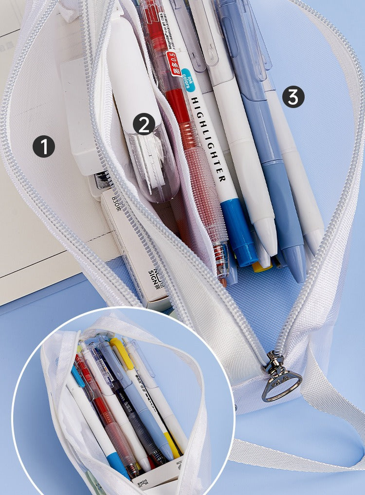 Mesh Large-Capacity Pencil Case, Transparent Double-Layer Student Exam Zipper Stationery Storage Bag, Three-Layer Stationery Bag