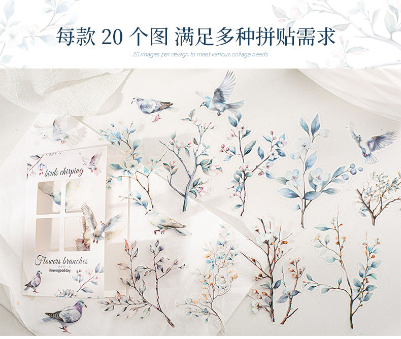 Flowers, Birds, Chirping Leaves, Pet Special-Shaped Sticker Pack, Landscaping Ins Style Bird Handbook Material, Mobile Phone Case Sticker