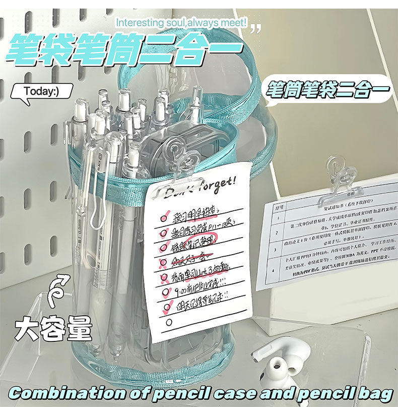 Ins Pen Holder Type Pencil Bag Large Capacity Storage Cylindrical Pen Holder Student High-Looking Transparent Waterproof Thickeneded Stationery Bag