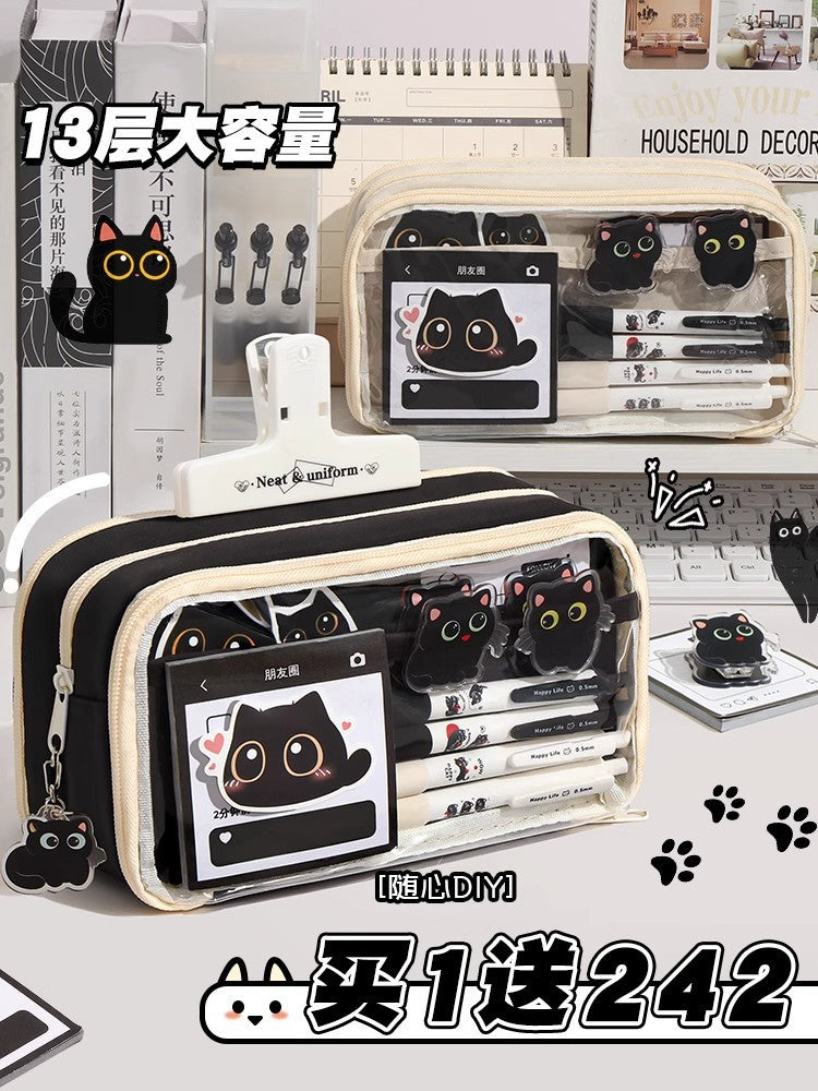 Cat Pencil Case, High Aesthetic Value, Large Capacity, Ins-Style Transparent Korean Version Storage Bag, Cool Black Style Stationery Bag for Study and Office Use