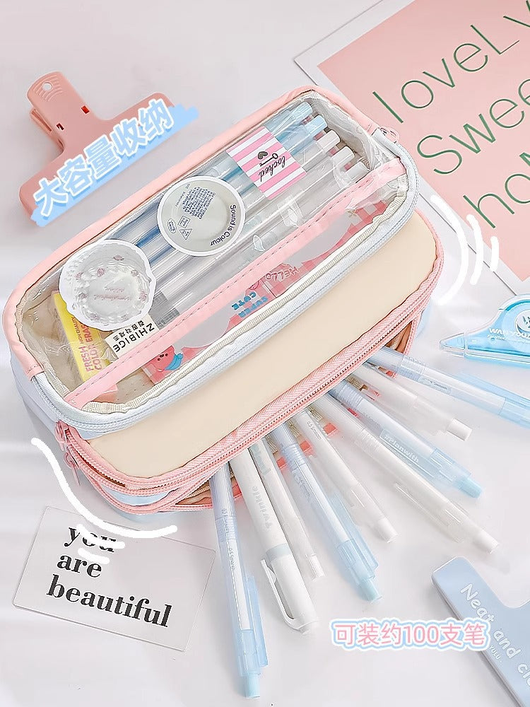 Large and Small Color Matching O00 Pencil Bag Transparent Large Capacity Stationery Bag Creative Multifunctional Stationery Bag Ins Japanese Style High Value