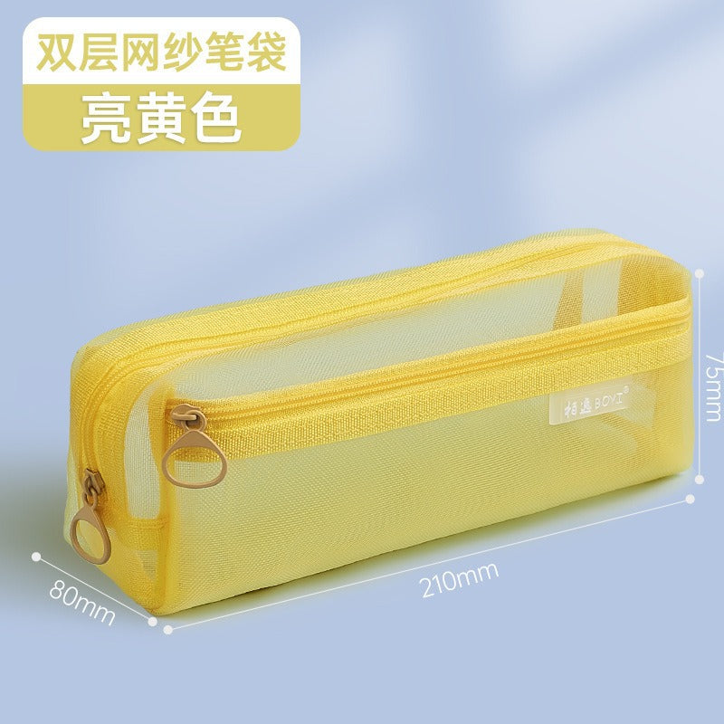Mesh Large-Capacity Pencil Case, Transparent Double-Layer Student Exam Zipper Stationery Storage Bag, Three-Layer Stationery Bag