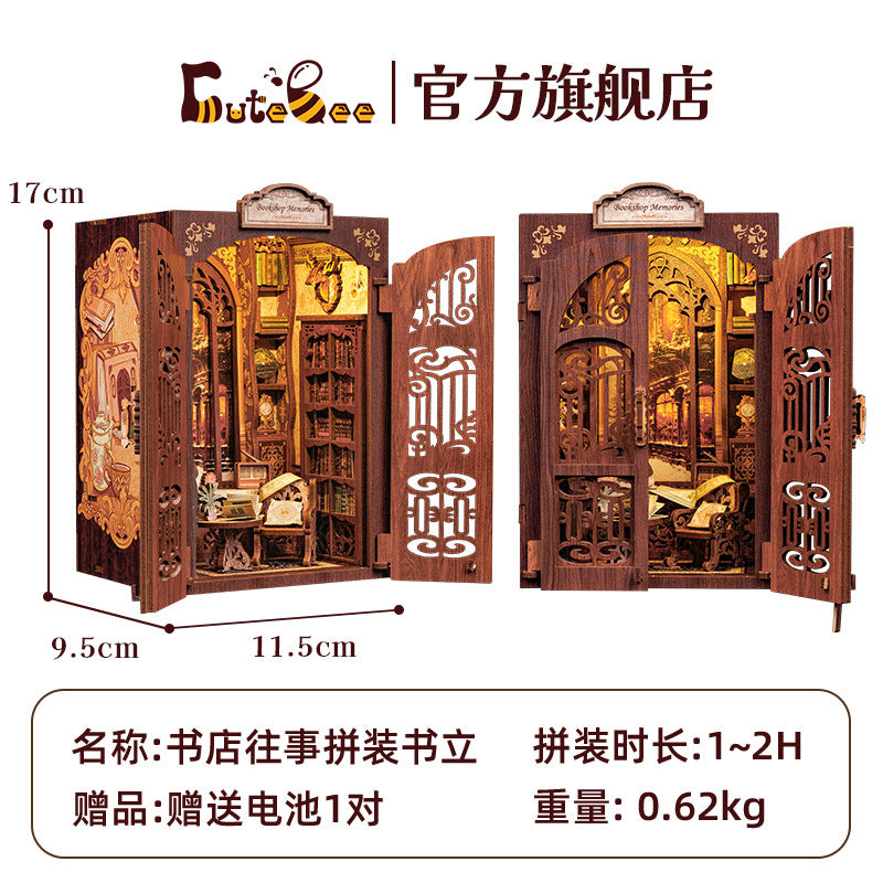 CuteBee New Small Frame Owl Bookstore diy Wooden 3D Handmade Assembled Book Stand Model Toy