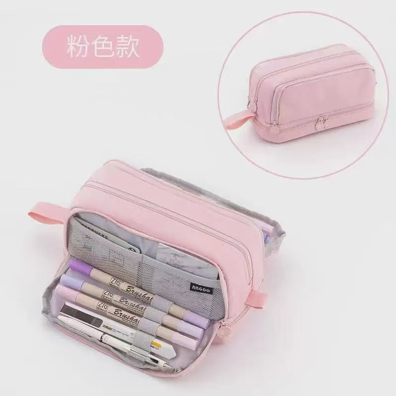 Cross-Border Color-Blocked Retractable Pencil Case, Large-Capacity Stationery Bag, Multifunctional Double-Zipper for Students, Simple and Convertible into Canvas