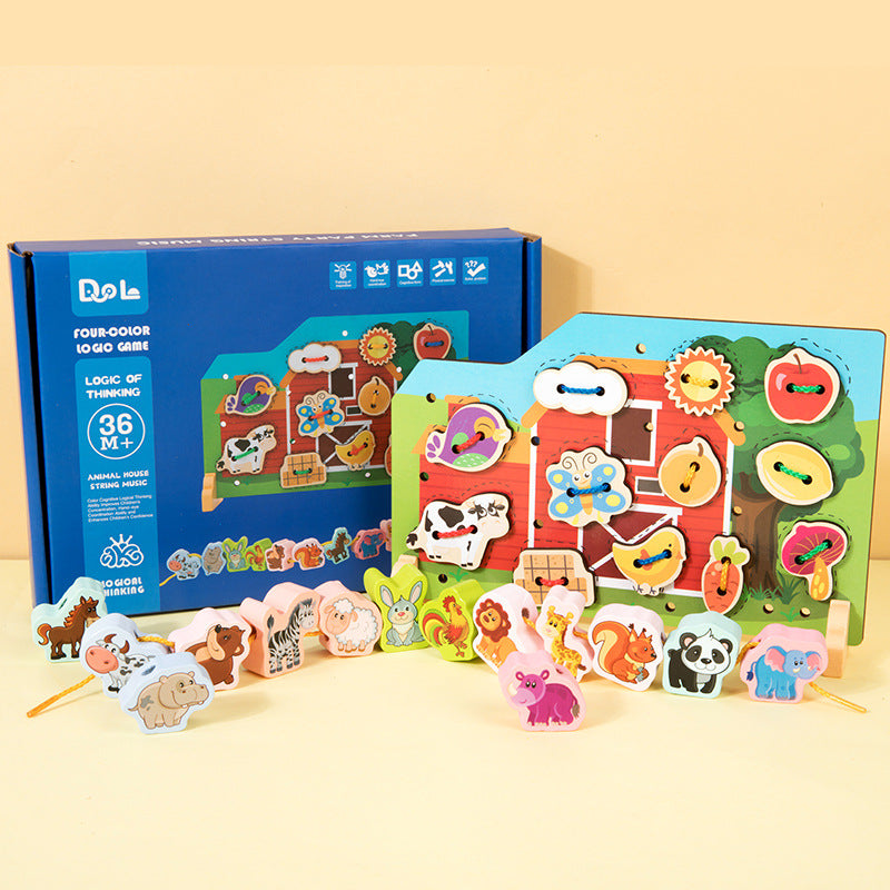 Wooden two-in-one string string beaded puzzle string animal fruit traffic large particle string wooden toy