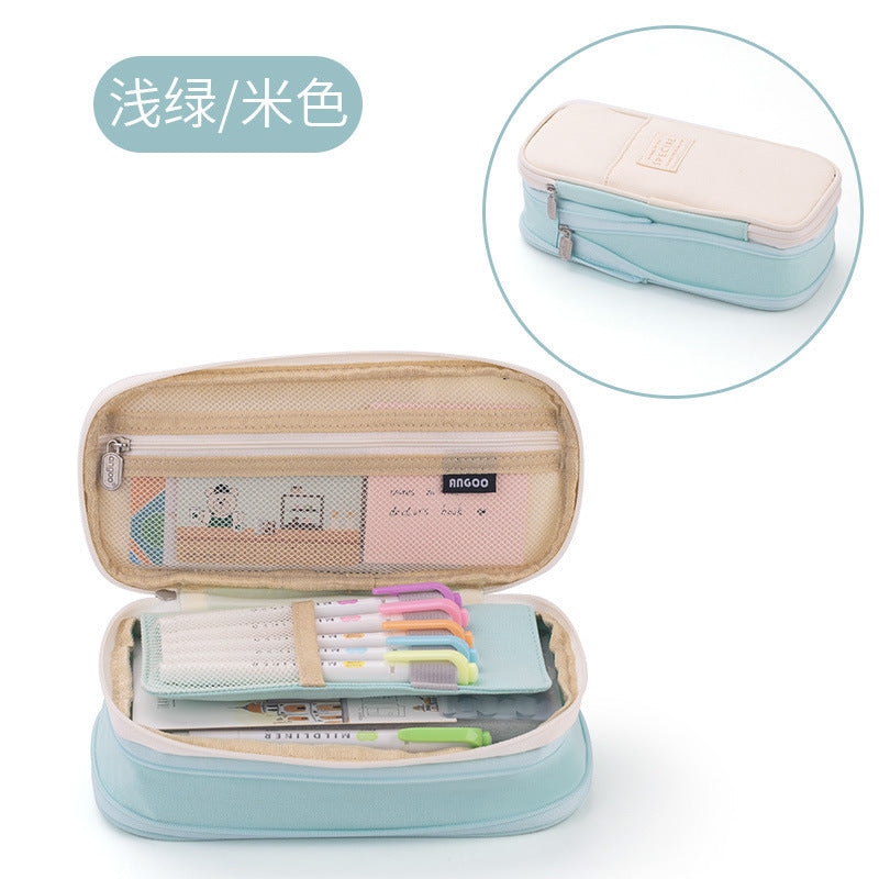 in stock Multi-layer Canvas Retractable Pencil Case Korean Simple High School Student Macaron Color-block Variable Large Capacity Pencil Case