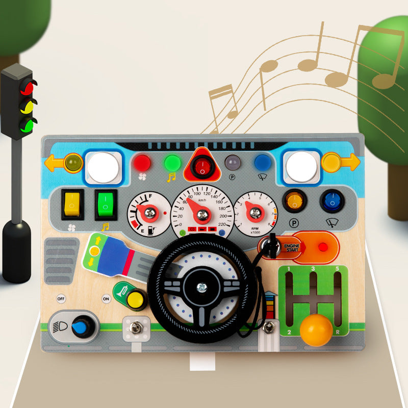CECPC Montessori Children's Simulated Steering Wheel Busy Board Switch Led Light Busy Board Early Education Educational Wooden Toys