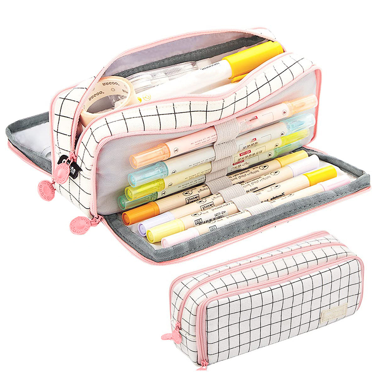 Cross-Border Color-Blocked Retractable Pencil Case, Large-Capacity Stationery Bag, Multifunctional Double-Zipper for Students, Simple and Convertible into Canvas