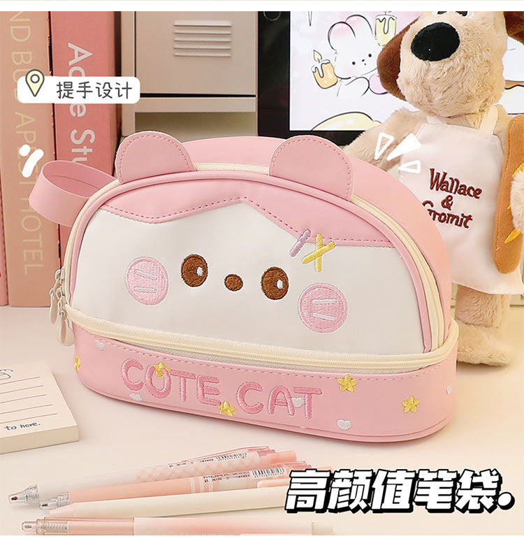 New Large Capacity Blush Panda Pu Pencil Case High-Looking Cute Cartoon Student Neutral Stationery Storage Box Wholesale